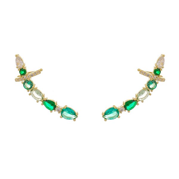 Brinco Earcuff Zircônia Verde Esmeralda Banhado a Ouro 18K