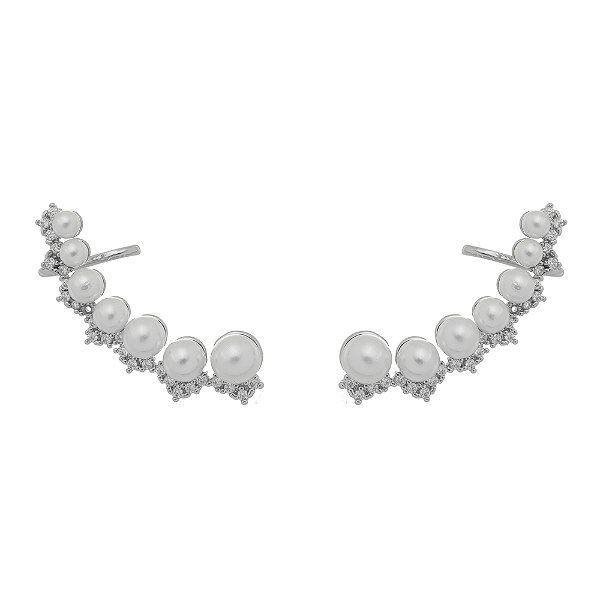 Brinco Earcuff Pérolas e Zircônia Banhado Ródio Branco