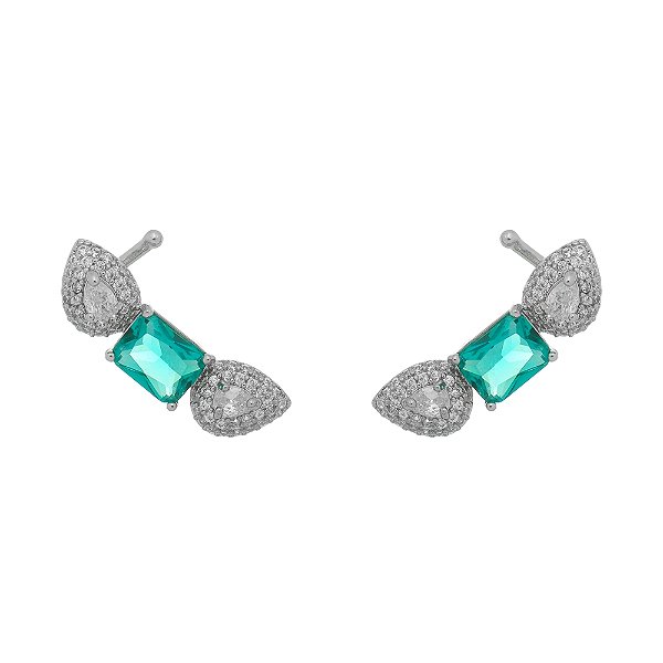 Brinco Mini Earcuff Verde Cravejado Banhado Ródio Branco