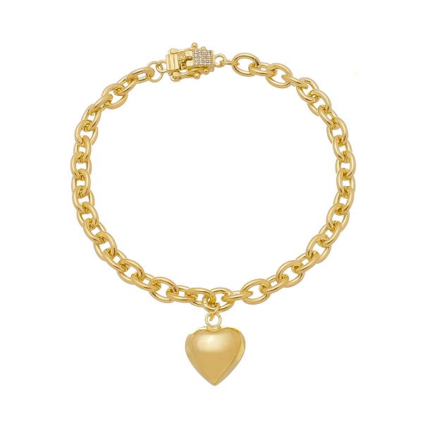 Pulseira Elos Pingente Coração Banhado a Ouro 18K