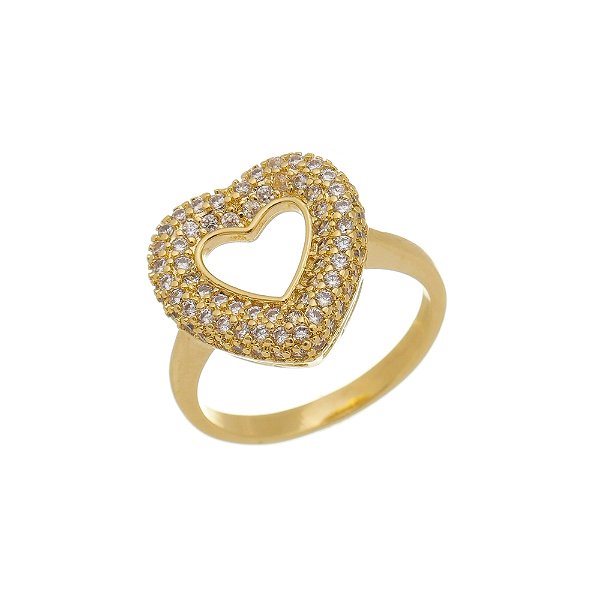 Anel Coração Vazado Alto Cravejado Banhado a Ouro 18K