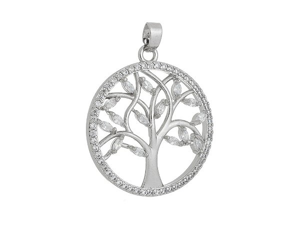 Pingente Feminino Árvore da Vida Cravejado Banhado Ródio Branco