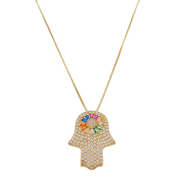 Colar Mão de Fátima Cravejado Detalhes Zircônia Colors Banhado a Ouro 18K
