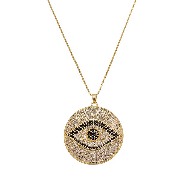 Colar Medalha Olho Grego Cravejado Detalhe Zircônia Black Banhado Ouro 18K