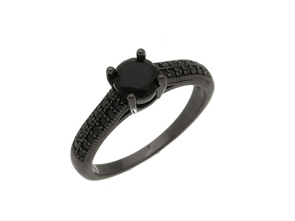 Anel Solitário Feminino Zircônia Black com Pedra Preta Banhado Ródio Negro Elegante e Sofisticado