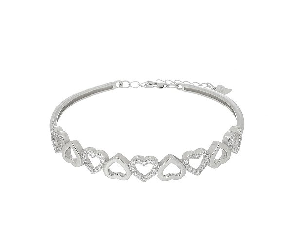 Bracelete Feminino Corações Vazados e Cravejados em Prata 925
