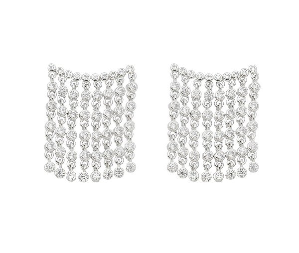 Brinco Feminino de Franja com Zircônias Banhado em Ródio Branco Semijoia Elegante