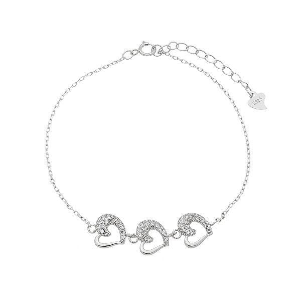 Pulseira Feminina Três Corações em Prata 925 com Zircônias