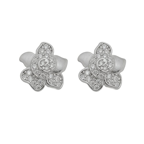 Brinco Prata 925 Feminino Flor Cravejada Minimalista Moderno