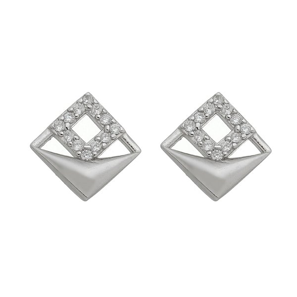 Brinco Prata 925 Feminino Losango Cravejado Minimalista