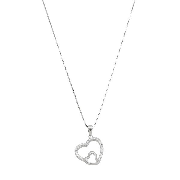 Colar Prata 925 Corações Vazados Cravejados com Zircônias