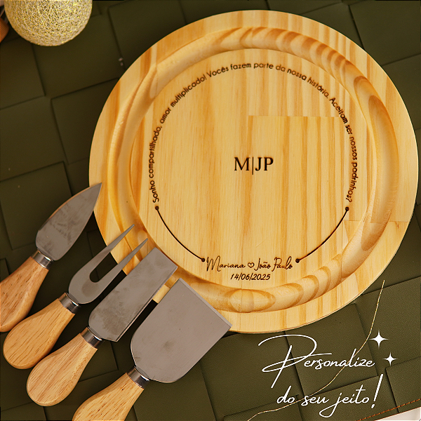 Kit Tábua de Queijo Personalizado com Jogo de 4 Espátulas para Padrinhos de Casamento