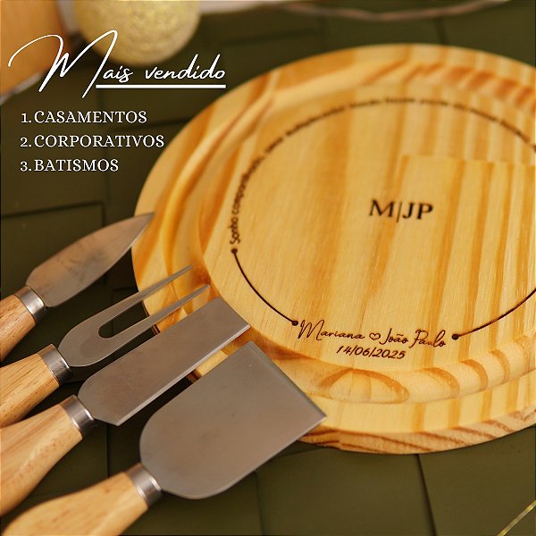 Kit Tábua de Queijo Personalizado com Jogo de 4 Espátulas para Presentes dia dos Pais