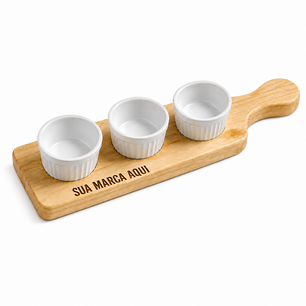 Kit Petisqueira em Pinus com 3 Bowls Personalizado