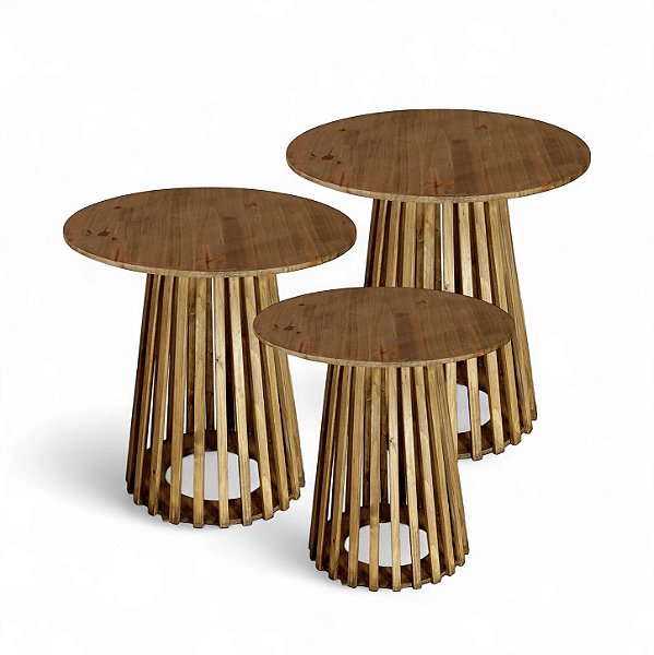 Trio De Mesas Cone Ripada Madeira Decoração