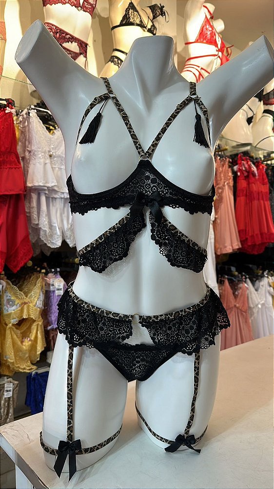 CONJUNTO EU TE AMO - PRETO C/ ALÇA ONÇA