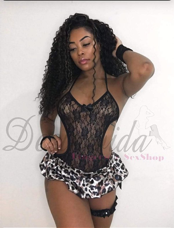 FANTASIA BODY SEXY - PRETO E SAIA ONÇA - TAM ÚNICO