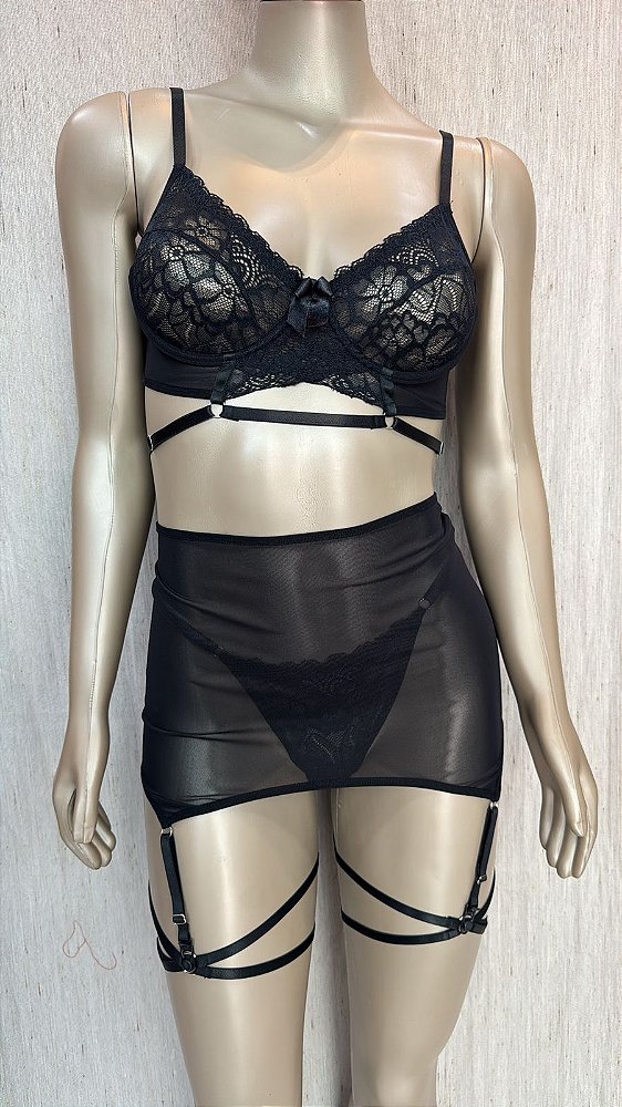 ITALIA CONJUNTO COM SAIA E CINTA LIGA - PRETO