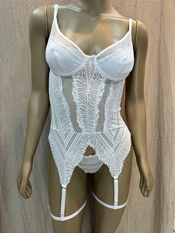 INESSA  BODY RENDA E TULE + CINTA LIGA BRANCO - 1106