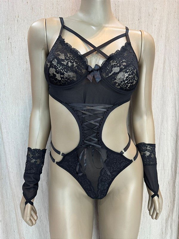 BODY TRANÇADO COM LUVA E ARO - PRETO