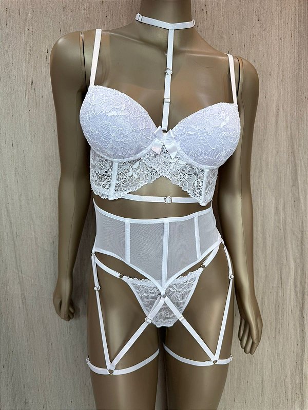ADELIA CONJUNTO COM CINTA LIGA E BOJO - BRANCO