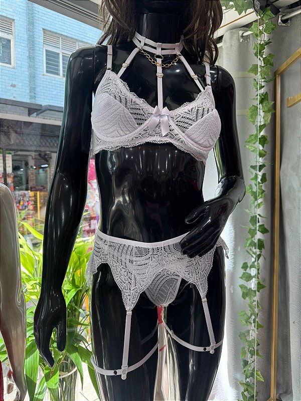 MARISA CONJUNTO EM RENDA COM ARO CINTA LIGA E CORRENTES  - BRANCO