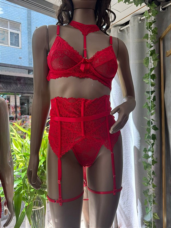 VIVIAN CONJUNTO EM RENDA COM ARO E CINTA LIGA - VERMELHO