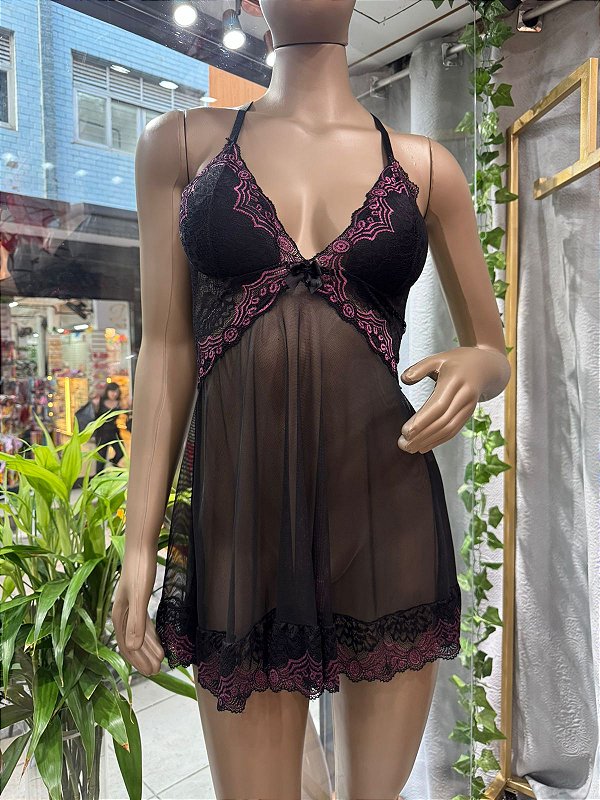 SENSUALITY CAMISOLA BOJO E TULE - PRETO C/ ROSA TAM - M