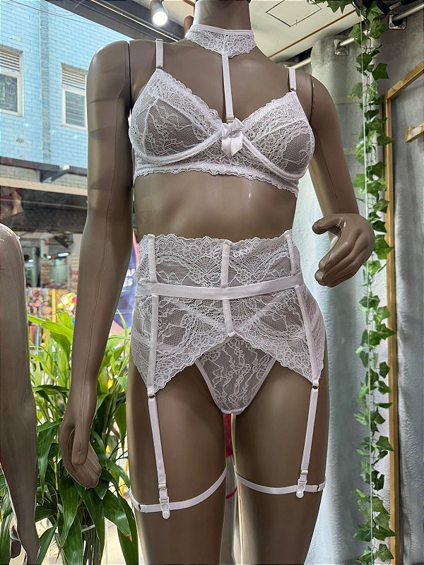 VIVIAN CONJUNTO EM RENDA COM ARO E CINTA LIGA - BRANCO