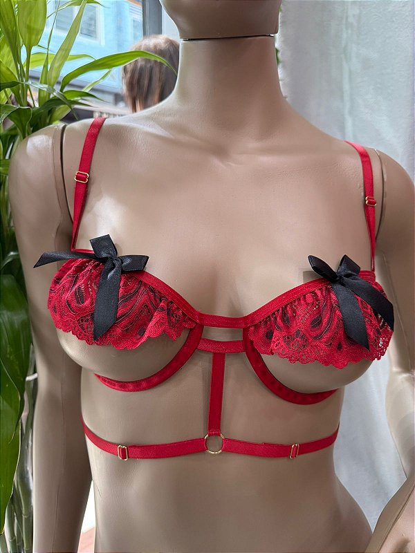 MADRI SOUTIEN COM RENDA E ARO - VERMELHO BORDÔ C/ PRETO