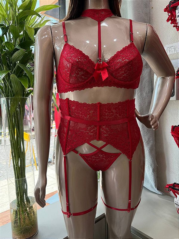 VIVIAN CONJUNTO EM RENDA COM ARO E CINTA LIGA - VERMELHO BORDÔ