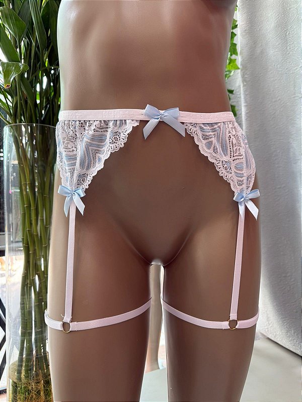 ELEONOR CINTA LIGA EM RENDA - BRANCO C/ AZUL (não acompanha a calcinha)