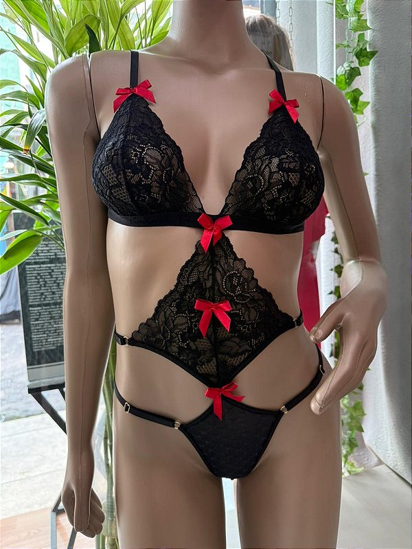 ORQUIDIA BODY LETRA RENDA - PRETO C/ VERMELHO