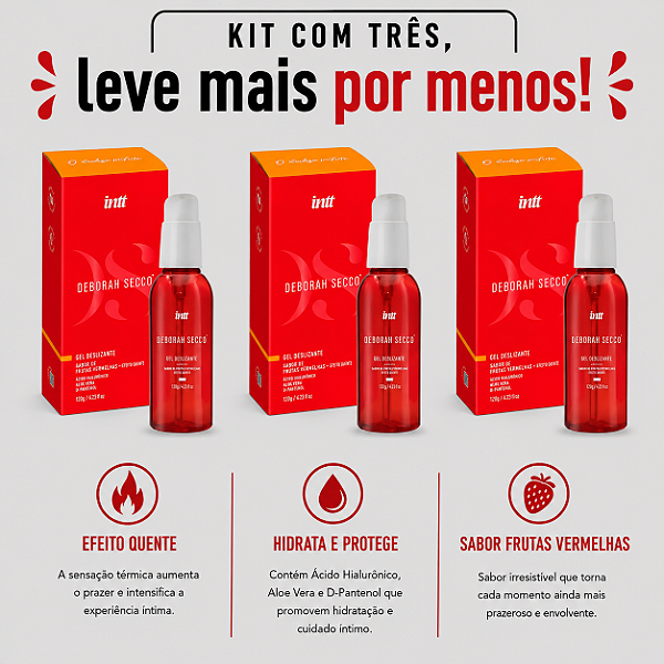 KIT COM TRES GEL DESLIZANTE ÍNTIMO BEIJÁVEL by Deborah Secco ( cada sai por 43,32 no pix )