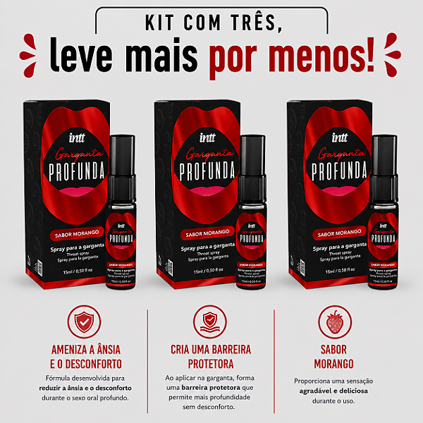KIT COM TRES GARGANTA PROFUNDA MORANGO INTT 15ml ( cada sai por 17,42 no pix )