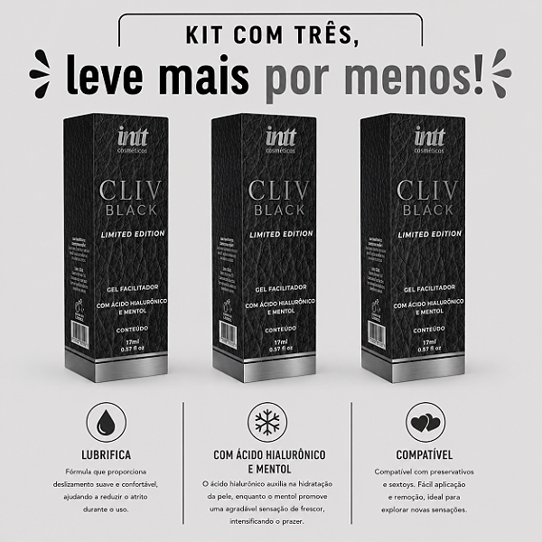 KIT COM TRES CLIV BLACK COM ÁCIDO HIALÔRONICO E EFEITO ICE INTT 17g ( cada sai por 40,83 no pix)