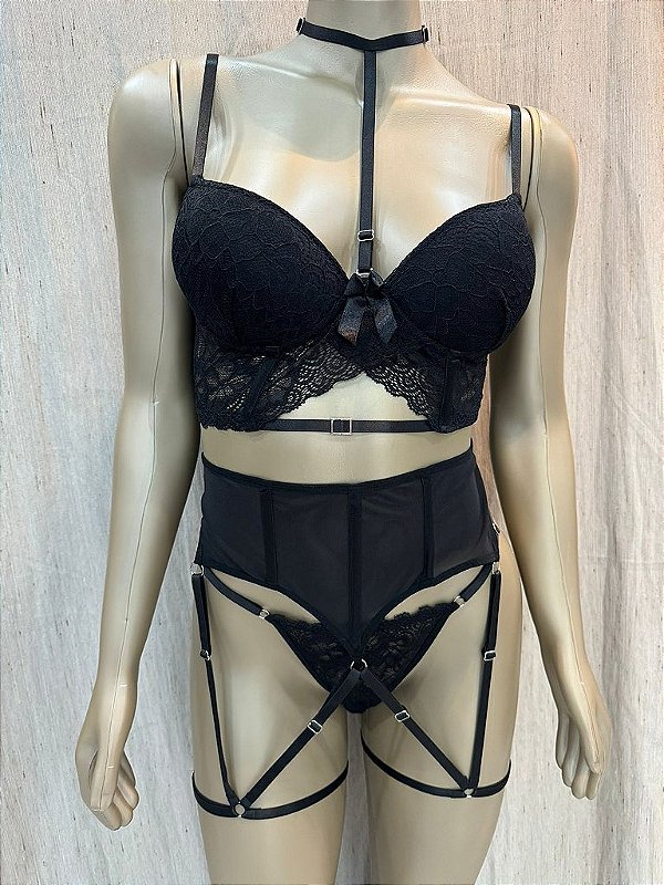 ADELIA CONJUNTO COM CINTA LIGA E BOJO - PRETO TAM G