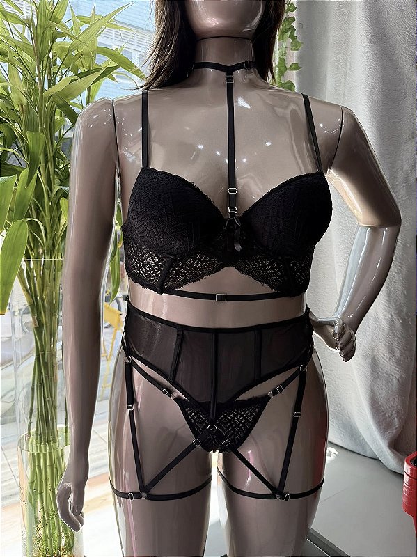 ADELIA CONJUNTO COM CINTA LIGA E BOJO - PRETO TAM G