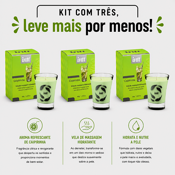 KIT COM 3 VELAS BEIJÁVEIS CAIPIRINHA 40g Intt - (Kit 3 un por 32,86 cada no pix)
