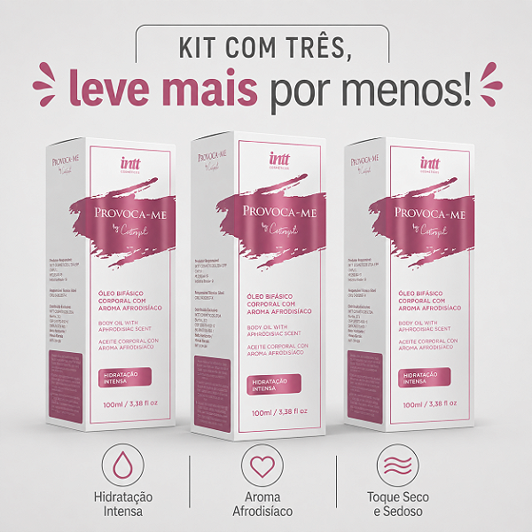 KIT COM TRES PROVOCA-ME ÓLEO BIFÁSICO CORPORAL COM AROMA AFRODISÍACO 100ml ( cada sai por 38,83 no pix )