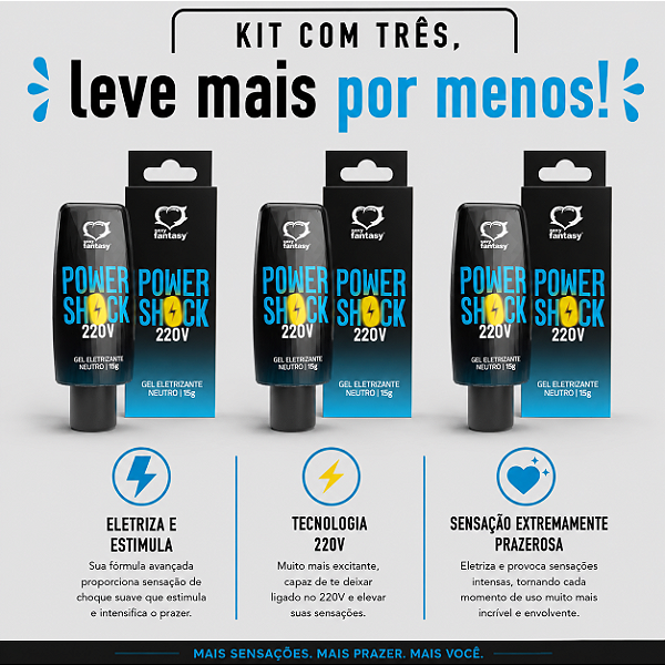 KIT COM TRES GEL POWER SHOCK 220V DE TESÃO 15g ( cada sai por R$ 10,95 no pix )