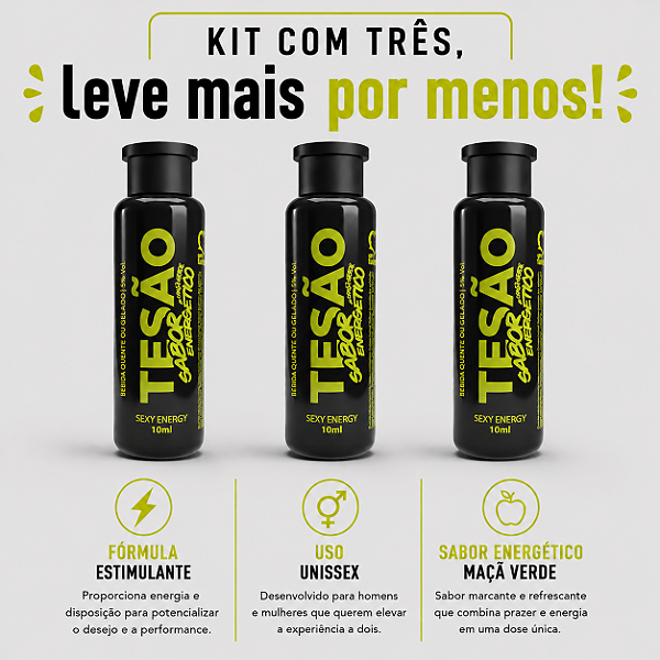 KIT COM TRES TESÃO SABOR ENERGÉTICO MAÇA VERDE 10ml ( cada sai por R$ 3,48 no pix )