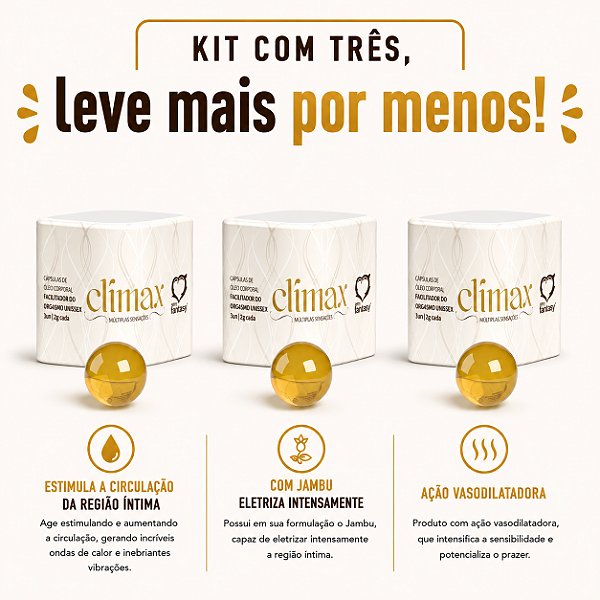 KIT COM TRES CLÍMAX Facilitador de Orgasmos Cápsula 3un ( cada sai por R$ 6,96 no pix )