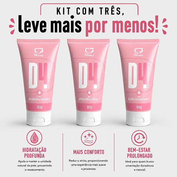 KIT COM TRES D4 GEL ÁCIDO HIALORÔNICO Umectante Lubrificante Neutro 60g ( cada sai por R$ 14,43 no pix )