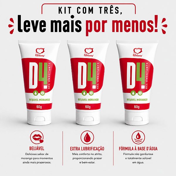 KIT COM TRES D4 GEL MORANGO LUBRIFICANTE ÍNTIMO 60g ( cada sai por R$ 13,93 no pix )