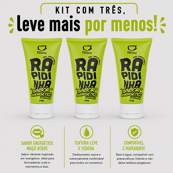 KIT COM TRES RAPIDINHA Gel Lubrificante Sabor Energético Maça Verde 30g ( cada sai por R$ 6,96 no pix )
