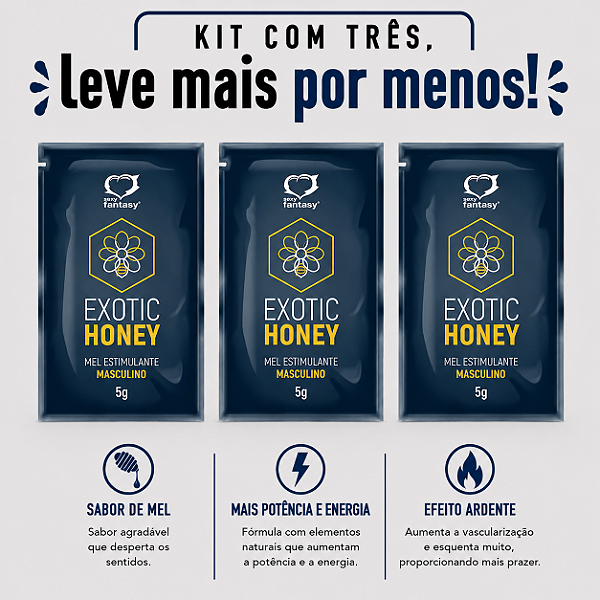 KIT COM TRES EXOTIC HONEY MEL EXCITANTE MASCULINO 5g ( cada sai por R$ 4,18 no pix )