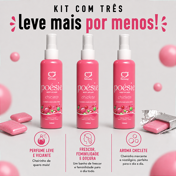 KIT COM TRES BODY Splash Poésie Chiclete 120ml ( cada sai por R$ 12,94 no pix )