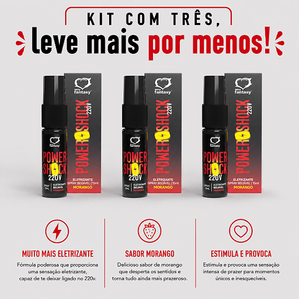 KIT COM TRES POWER SHOCK SPRAY VIBRANTE BEIJÁVEL MORANGO 15ml ( cada sai por R$ 14,93 no pix )