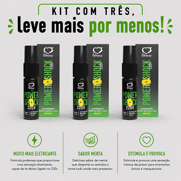 KIT COM TRES POWER SHOCK SPRAY VIBRANTE BEIJÁVEL MENTA 15ml ( cada sai por R$ 14,93 no pix )